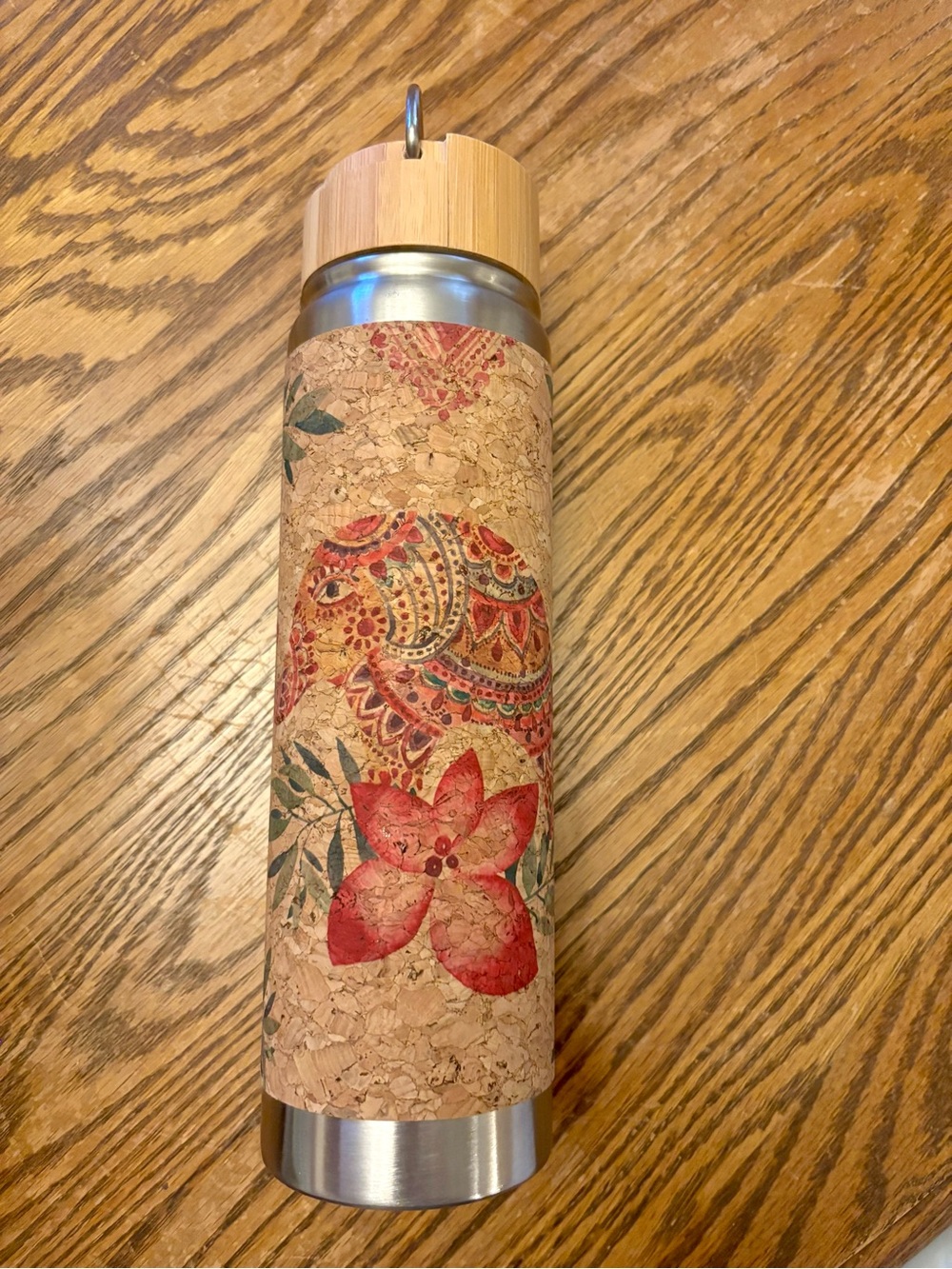 Earth Yoga Cork-Wrapped Stainless Steel Bottle — Red & Green Accents